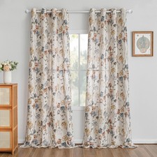 Floor to Ceiling Linen Floral Curtains 95 Inch Length 2 Panels Set Semi Sheer...
