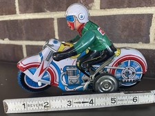 Vintage Tin Litho Motorcycle Wind-Up Toy with Key Works Good Condition