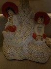 Vintage Pair 1950's 2 Asian Figures W/ Red Hats Sitting on White Tree Trunks — photo 2
