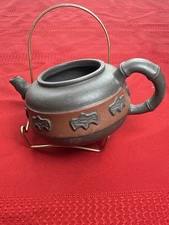 Vintage Chinese Yixing Zisha Clay Teapot Bat Motif Relief  Signed No Lid 5.5” L