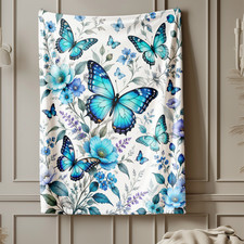 Blue Butterfly Floral Coral Fleece Blanket Botanical Home Decor