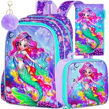 16" Mermaid Backpack, 3Pcs School Bookbag for Girls with Lunch Box, Kids Back...