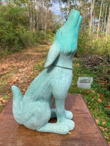 Vintage Moon Gazing Coyote Howling Blue / Green  Statue Figure ceramic 15 inch
