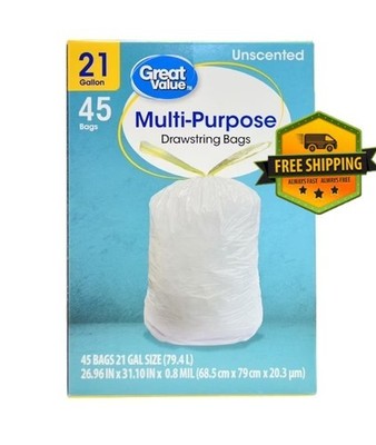 Great Value 21-Gallon Unscented Multipurpose Drawstring Trash Bags, Pack of 45