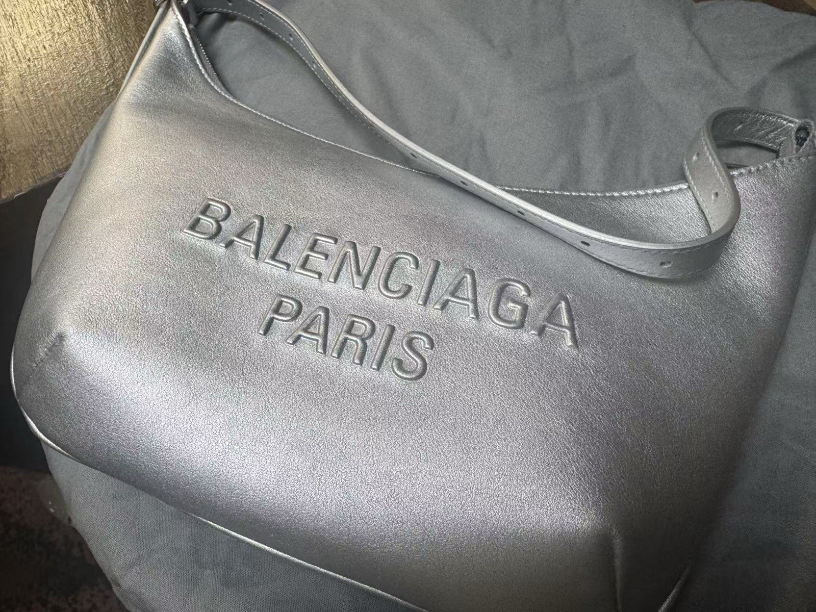 Balenciaga Silver Metallic Logo Hobo Shoulder Bag Large w/ Original Dust Bag