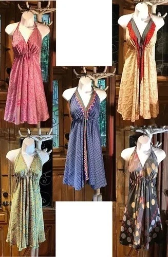 Indian 10Pc Lot Vintage Recycle Sari Silk Maxi Beach Sundress Boho Gypsy Dress