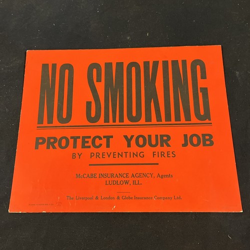 VINTAGE NO SMOKING CARDBOARD SIGN 1939 USA - Ludlow ILL McCabe Insurance