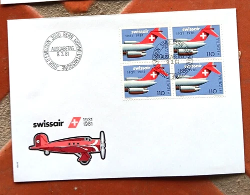 Switzerland AVIAtiON SWISSAIR 50TH ANNIVERSARY STAMP BLOCK 1981 FDC VF UNADDR
