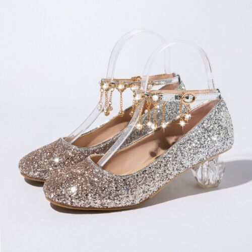 Ladies 4.5cm Heel Rhinestones Tassel Dance Shoes Beads Glitter Show Host Shoes - Afbeelding 1 van 28