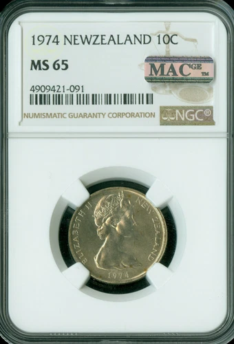1974 NEW ZEALAND 10 CENTS NGC MS65 PQ FINEST GRADE MAC SPOTLESS .