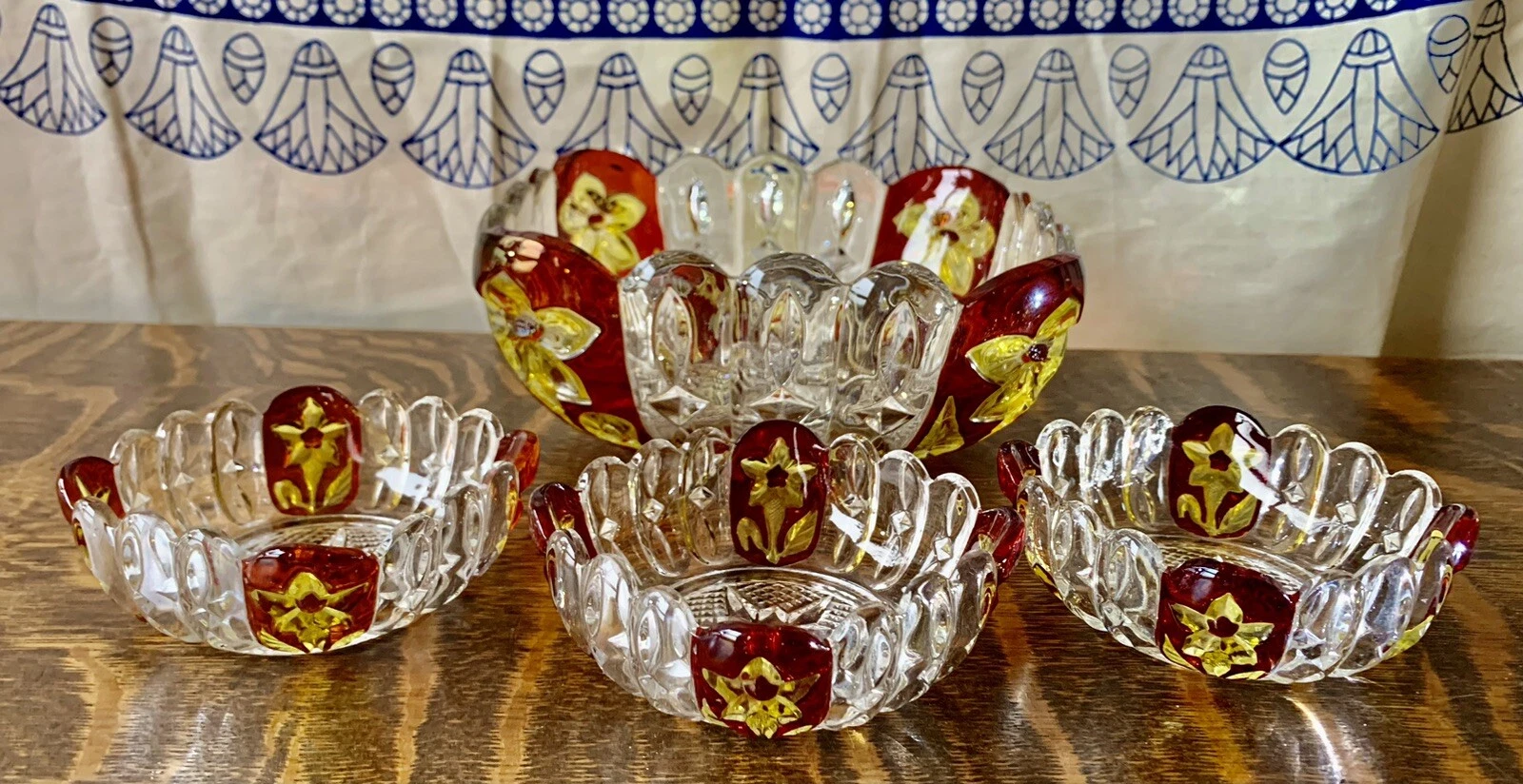 EAPG Ruby & Yellow Stained Glass Sunken Primrose Florida Bowl + Serving Dishes