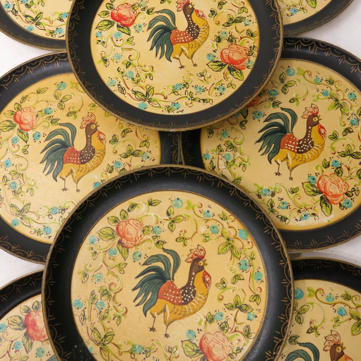 Rooster Plate 1995年製 限定3000個 Vtg 1940'S Handpainted LACQUER ROOSTER DECORATIVE PLATES Lot of 8