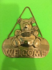 Vintage Solid Brass Welcome sign Teddy Bear Baby Room Wall/Door Plaque 7.75''