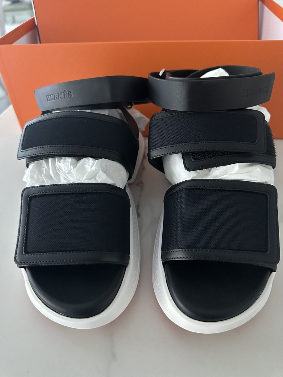 Auth Rare! Hermes Geek Sandals Leather and Rubber Black 38 8