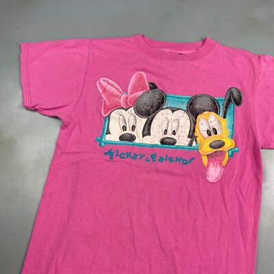 VINTAGE 90s Mickey & Friends Cartoon Embroidered Pink T-Shirt sz
