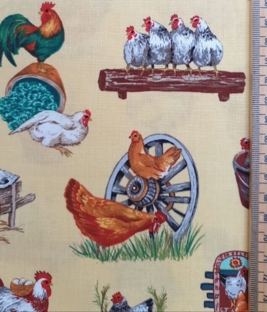 Chicken fabric UK 100% cotton material farm working yard animals birds  baskets | eBay
