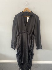 Zara Black Satin Long Sleeve Rouched Skirt Dress Size Large Collared
