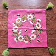 Hand Embroidered Pink Pillow COVER Flower  Bee Design Tassels Zippered 15"x15"