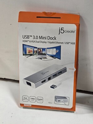 j5create. USB 3.0 Mini Dock.HDMI & VGA Dual Display/Gigabit Ethernet/USB HUB