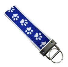 Blue Paw Print Key Chain, Dog Key Fob, Fabric Cat Keychain on White Background