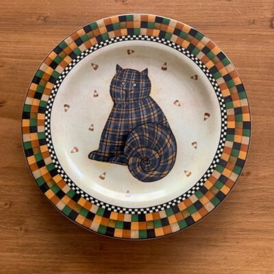 Debbie Mumm 1998 Oneida Sakura 8  Halloween Salad Plate - Plaid Cat EUC