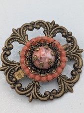 Vintage Czech Marbled coral Beaded Cabochon Ornate Filagree Brooch