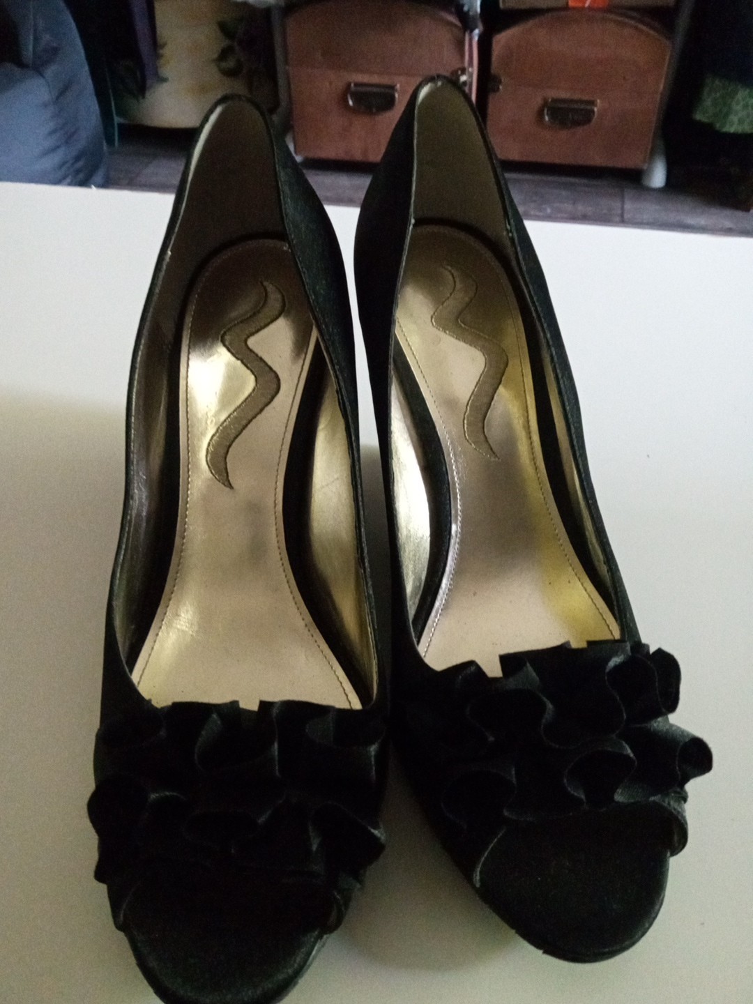 Nina Black Satin Wedge Heel Peep Toe Shoes, Great Condition, Size 9.
