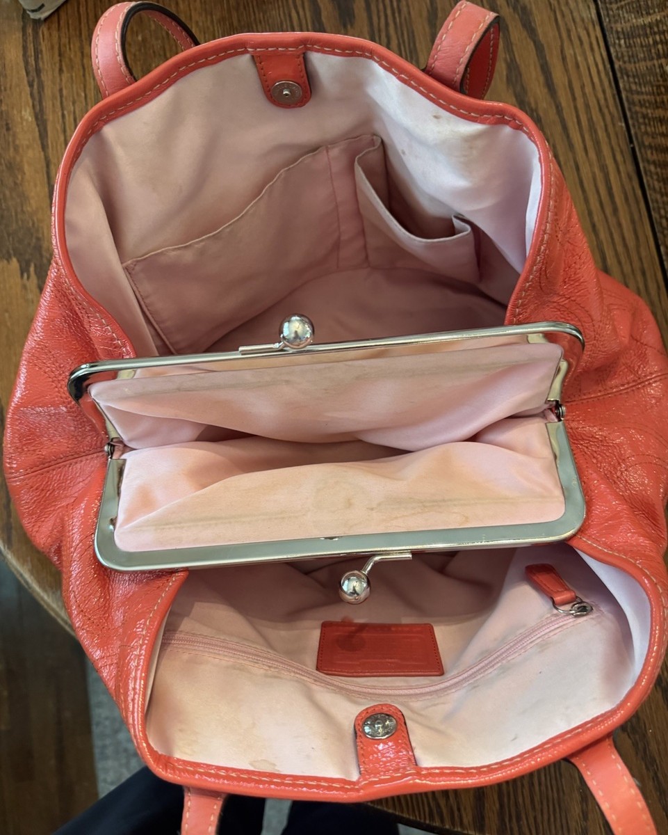 Vintage Coach Signature Patent KissLock Frame Purse Handbag Coral