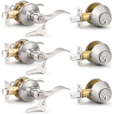 Probrico 3-Pack Entry Door Lever Deadbolt Lock Set Handleset Keyed Alike Reversi