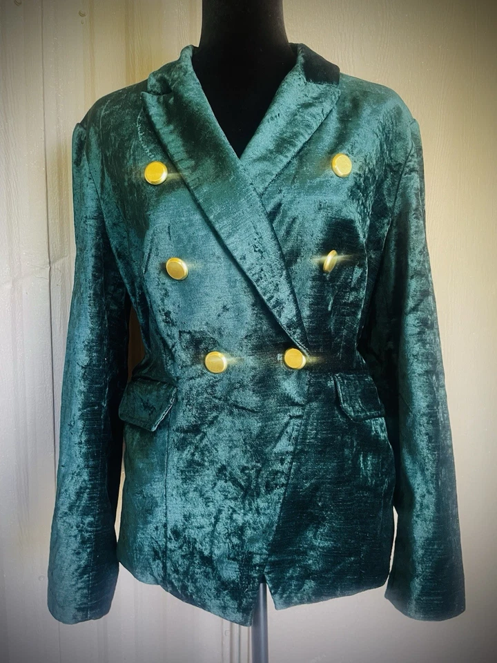 Blazer de lujo de terciopelo verde bosque de CHICO'S chaqueta corta de terciopelo botón dorado talla 2 L Foto 2 de 4