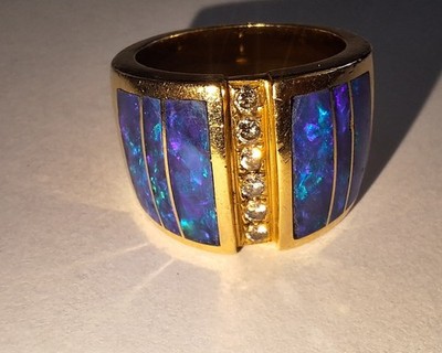 14K GELBGOLD SCHWARZER OPAL & DIAMANT RING - ÄTHERISCHE SCHÖNHEIT Größe 7,25 US, O UKAU