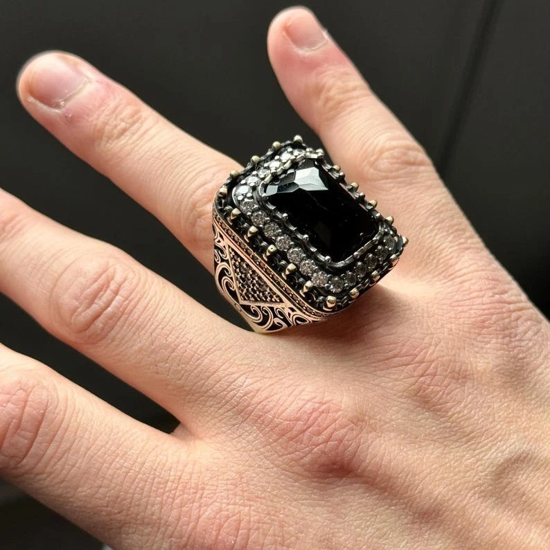 Мужское серебряное большое черное квадратное уникальное мужское большое кольцо ручной работы с ониксом - Изображение 2 из 4