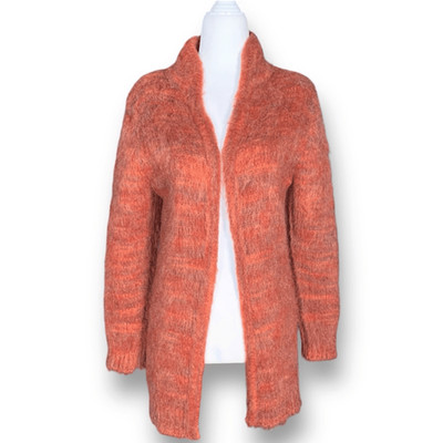 Vintage Third Wave Wool Blend Open Front Longline Cardigan Sweater Orange Medium