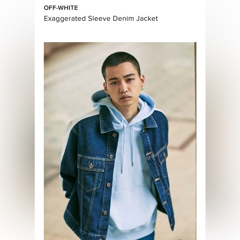 NWOT Off-White Blue and White Jean Jacket Trending Sleeve Color Block Co…