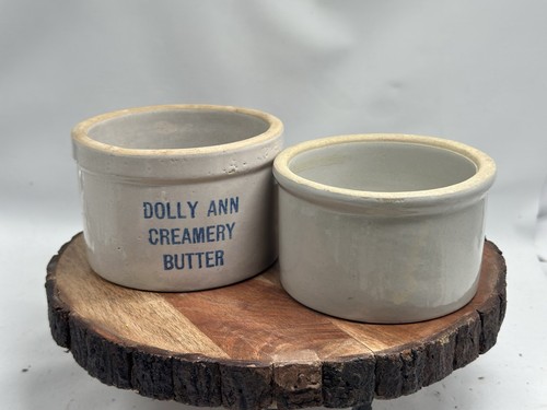 Antique Dolly Ann Creamery Butter Advertising Crock & Plain Crock