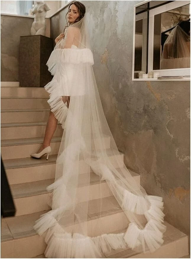 velo de novia volantes boda velo y rubor dos niveles velo volantes ribete Foto 4 de 4