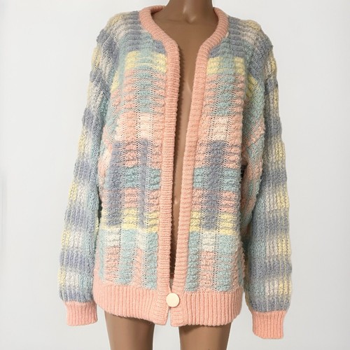 Vintage Grandma Core Cardigan Sweater Womens XL Knit Chunky Pastel Pink Blue
