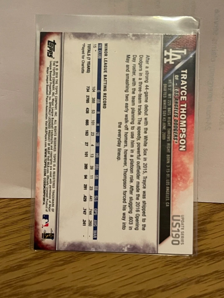TRAYCE THOMPSON LOS ANGELES DODGERS 2016 TOPPS BASEBALL CARD #US190 ROOKIE RC - Image 2 of 2