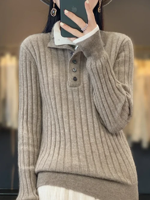 High Quality Women Casual Turn-down Collar Pullover Sweater Faux Cashmere Top - Image 4 of 4