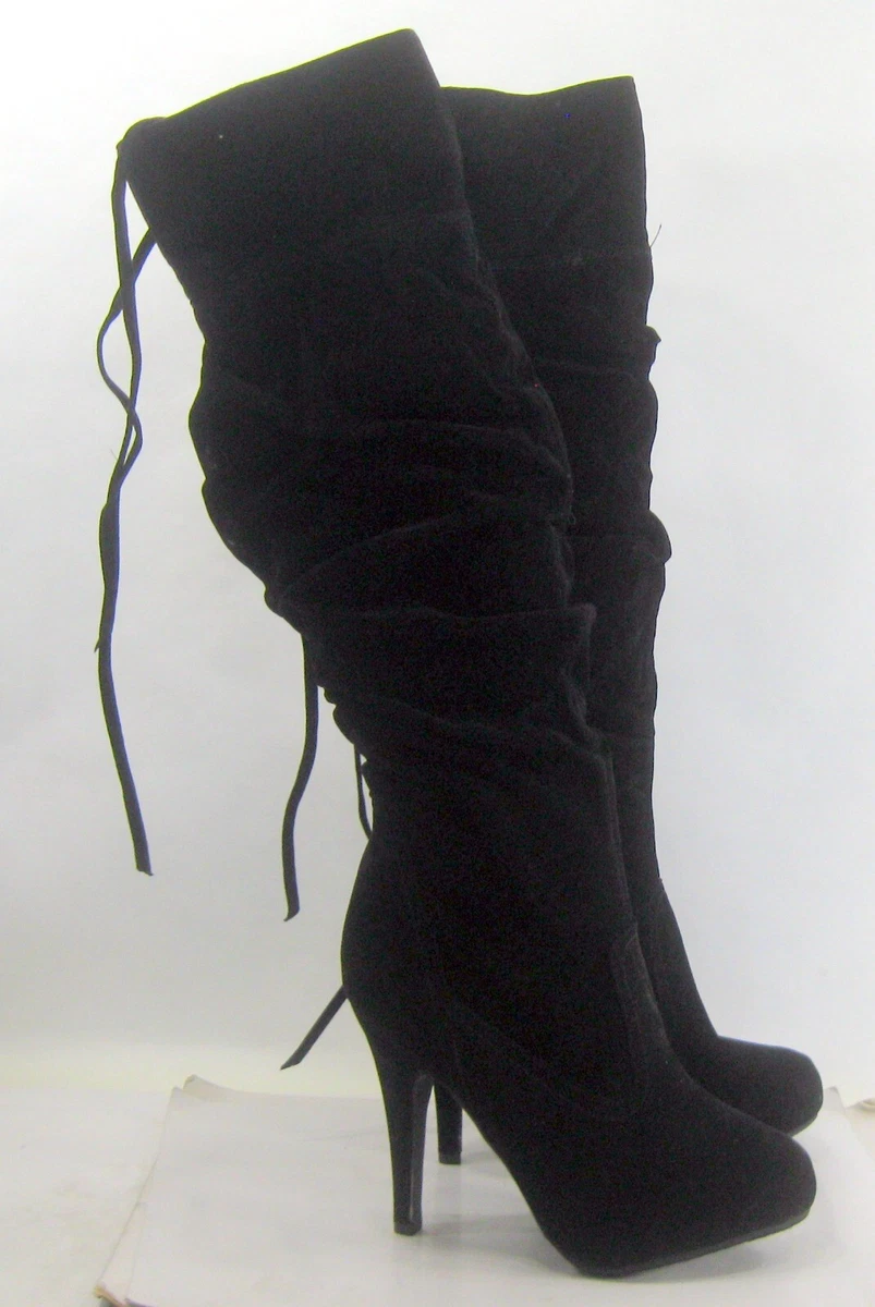 ANNE MICHELLE Nuevas Botas Negras 4.5" Tacón Alto Cremallera Rodilla MUJERES Talla 7