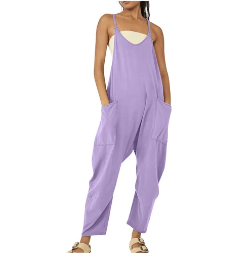 Womens Jumpsuits Loose Casual Rompers Sleeveless Spaghetti Strap Baggy Pockets - Picture 22 of 40