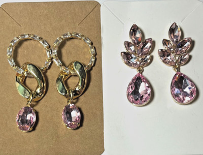 NEW VINTAGE AUSTRIAN CRYSTAL RHINESTONE PINK DANGLE POST EARRINGS LOT OF 2