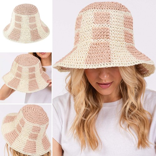 Pink, Brown or Black 2 Tone Straw Bucket Hat - Picture 13 of 14