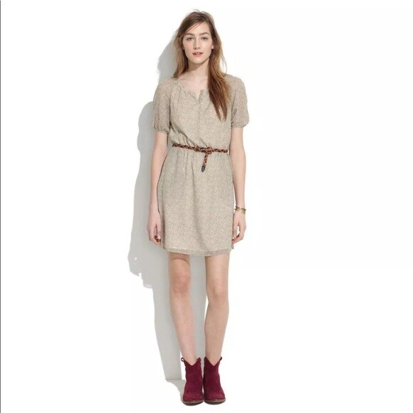 Madewell Cream Diamond Duo Short Sleeve Stretch Waist Silk Lined Dress Size  4 | eBay