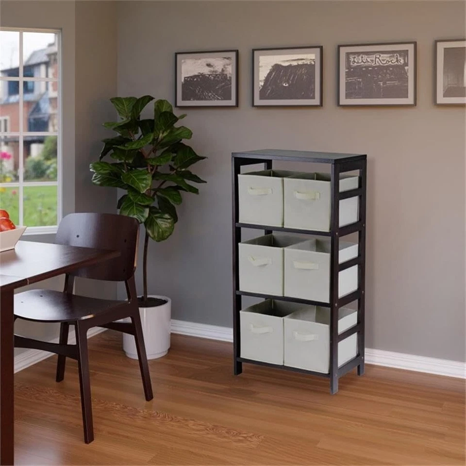 Wood Capri Wood 3 Section Storage Shelf With 6 Beige Fabric Foldable Baskets - Image 2 of 4