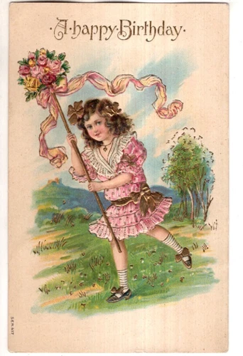ANTIQUE EMBOSSED BIRTHDAY Postcard    GOLD ACCENT -  YOUNG GIRL, FLOWERS, RIBBON