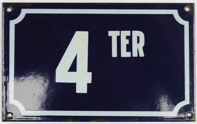 Large old blue French house number 4 TER door gate plate plaque enamel ...