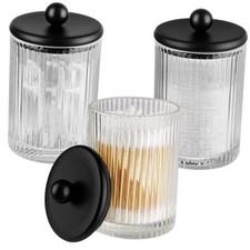 3 Pack Glass Qtip Holder Dispenser Set with Matte Black Metal Lid  Bathroom