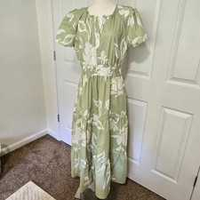 Tahari ASL Maxi Dress Womens Large Green Floral Smocked Tiered Cotton Boho