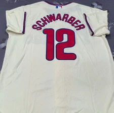 Kyle Schwarber #12 Phillies Cream Cool Base Sewn Stitched Jersey.